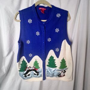 Merry & Bright Womens Ugly Christmas Knit‎ Sweater Vest Blue Penguins Size Large